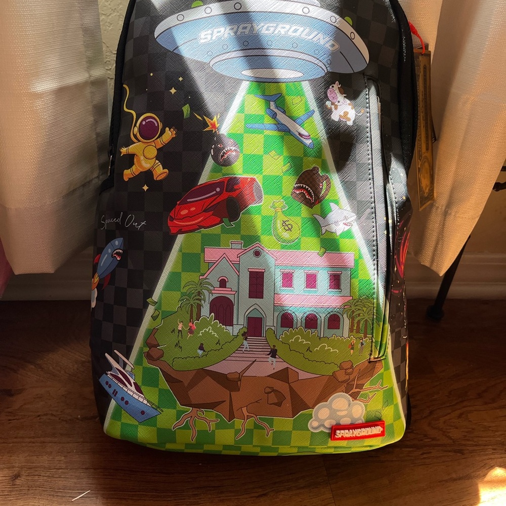 Sprayground Kids Backpack with Green and Black Checkered Design